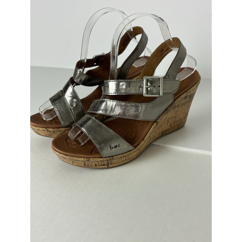 BOC Metallic Silver Cork Wedge Slingback Sandals Sz 9 Faux Leather Boho Comfort‎ - Picture 2 of 14